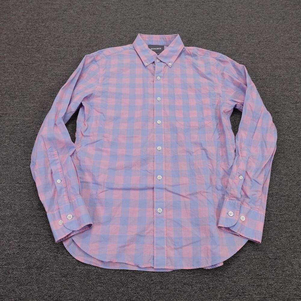 Bonobos Shirt Mens Medium Pink Check Long Sleeve Button Up Slim Fit Cotton Woven